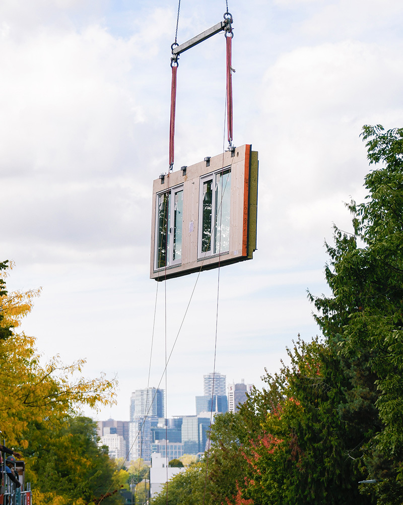 Each mass-timber element is manufactured in Delta, B.C., then shipped and assembled on site.