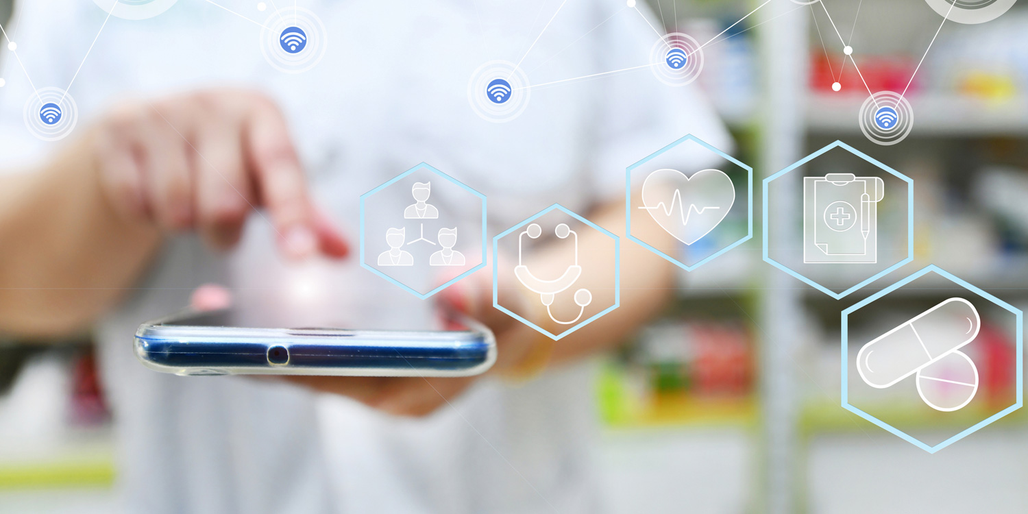 Scientist holding tablet using medical applications